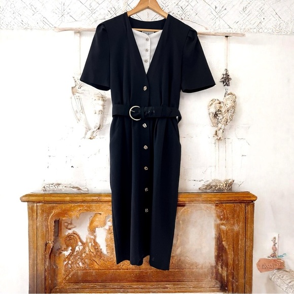 Vintage Periwinkle Black Midi Pencil Dress with Gold Buttons, Size 12, EUC - Picture 1 of 7